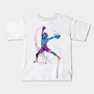 Girl Baseball Pitcher Colorful Watercolor Kids T-Shirt